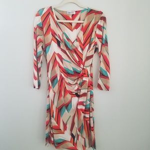 Calvin Klein Orange Teal Print V-Neck Dress Size S